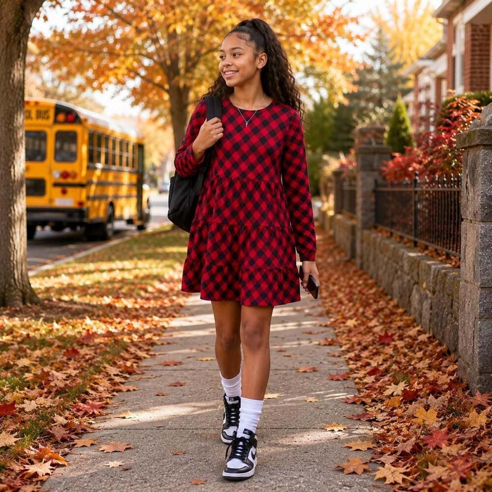 H.B. Red and Black Buffalo Plaid Tiered Dress